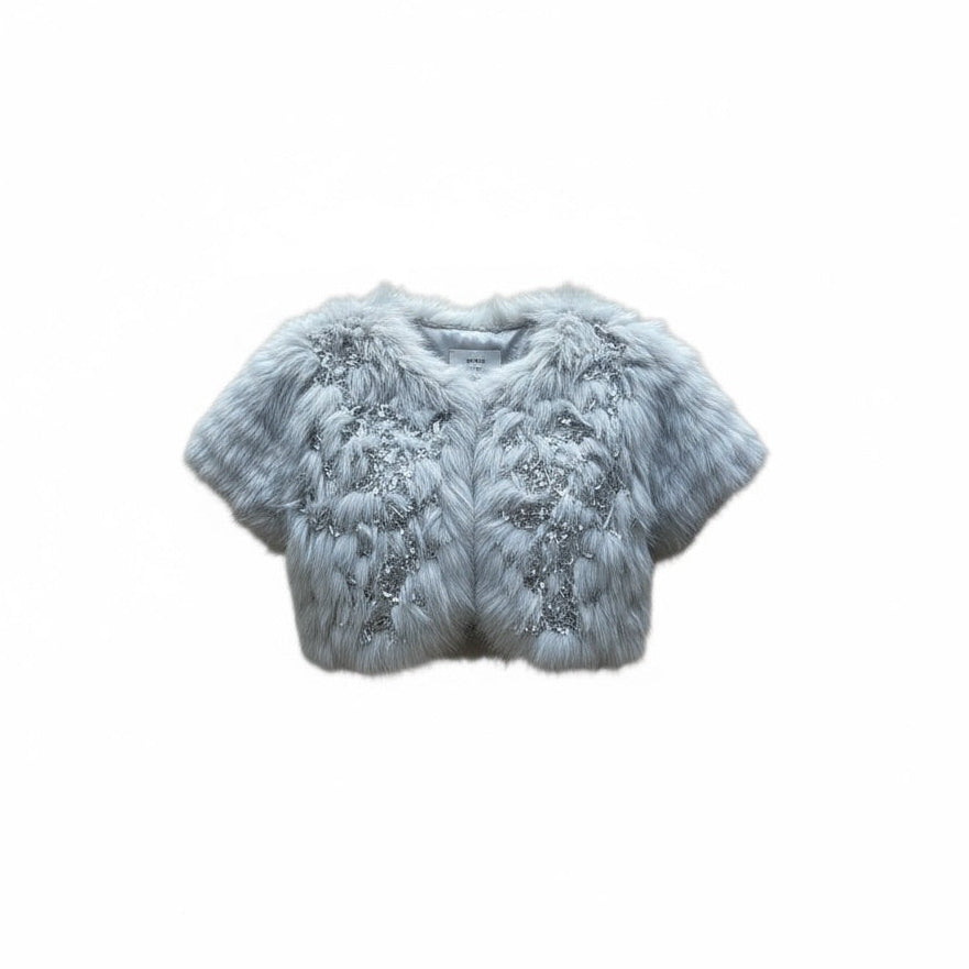 Boléro Rope Picnic en fourrure grise, coupe courte, manches bouffantes, taille 38