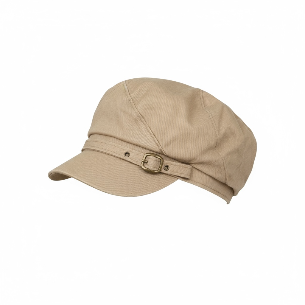 Casquette gavroche beige en coton avec boucle métallique décorative et visière courte.