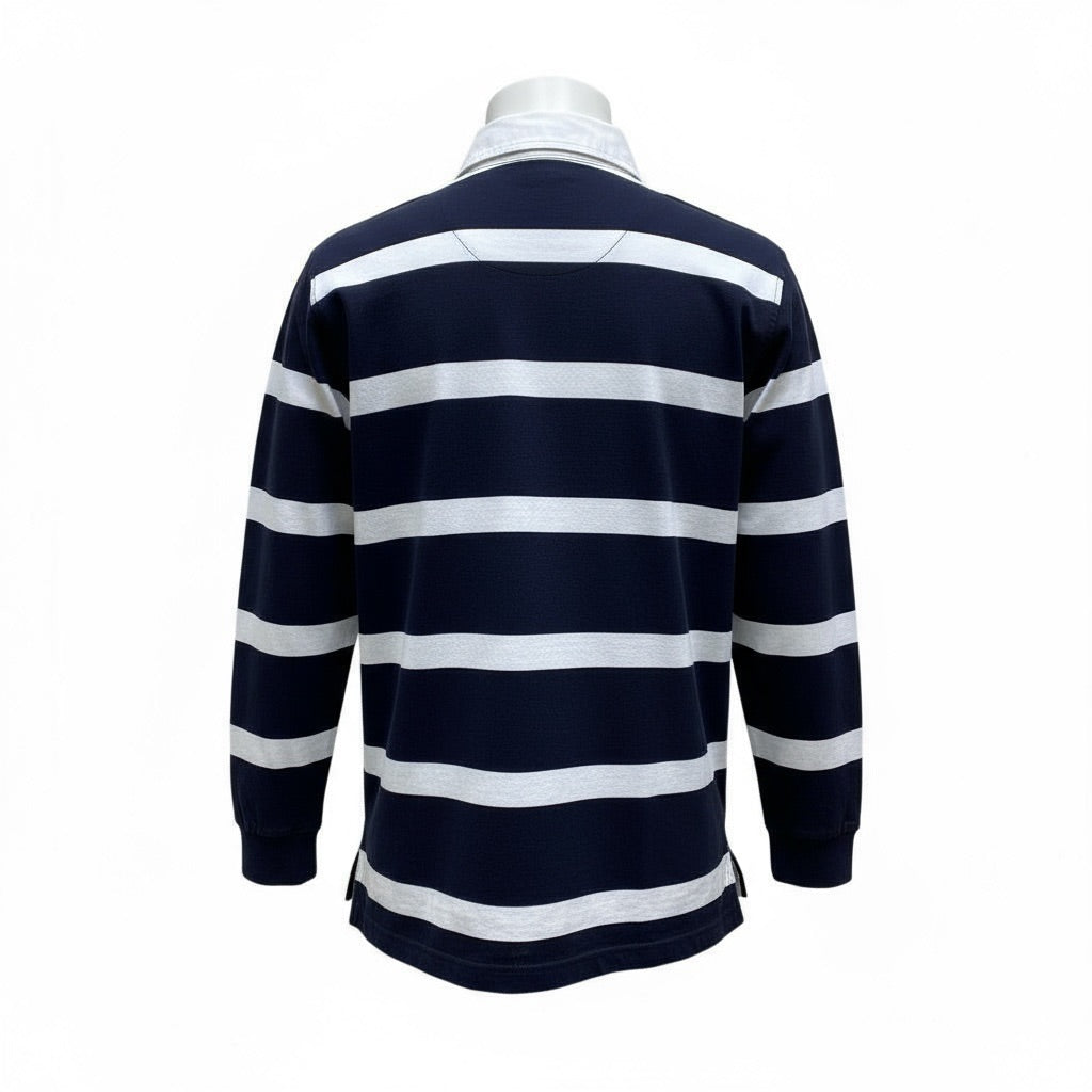 Polo rugby Ralph Lauren à rayures bleu marine et blanches, col blanc et logo brodé rouge, taille M