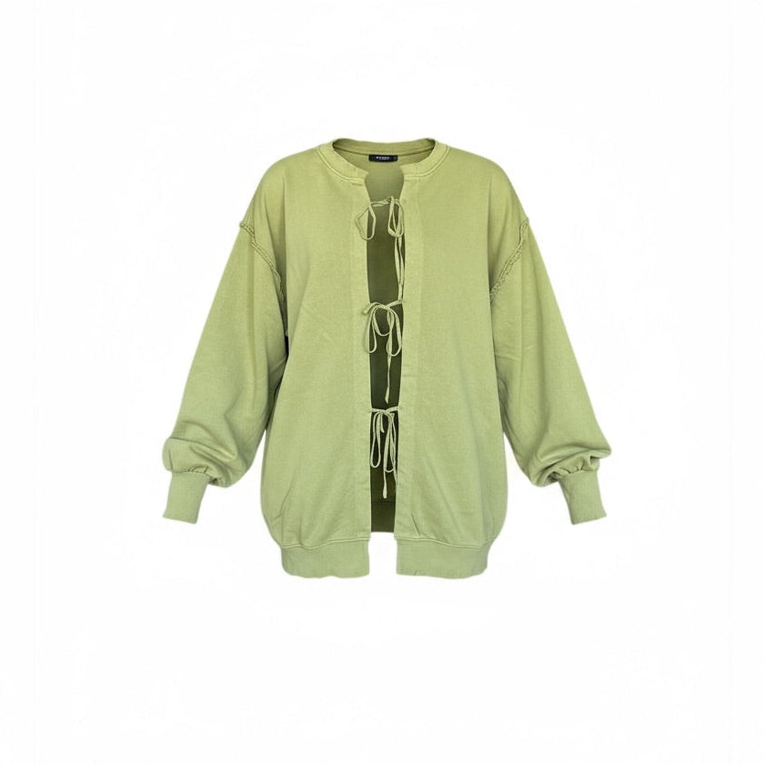 pull vert olive avec noeuds a l'avant