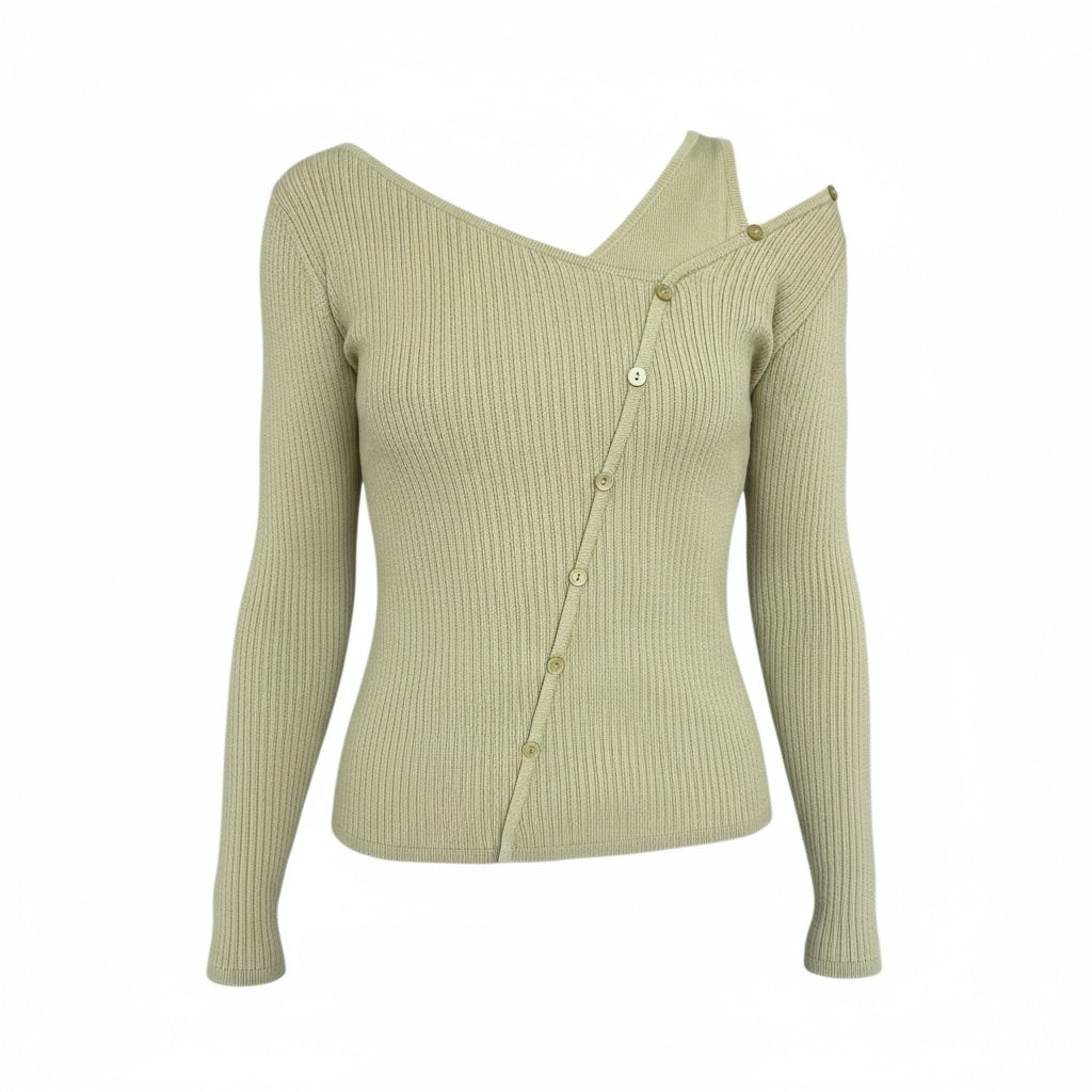 Pull vert olive à boutons asymétriques avec débardeur intégré, coupe ajustée en maille côtelée