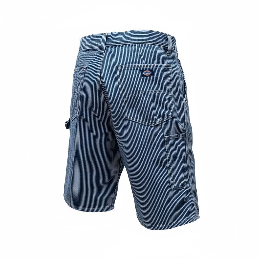 Short Dickies à rayures bleu et blanc, coupe loose fit en coton avec poches et passants de ceinture.