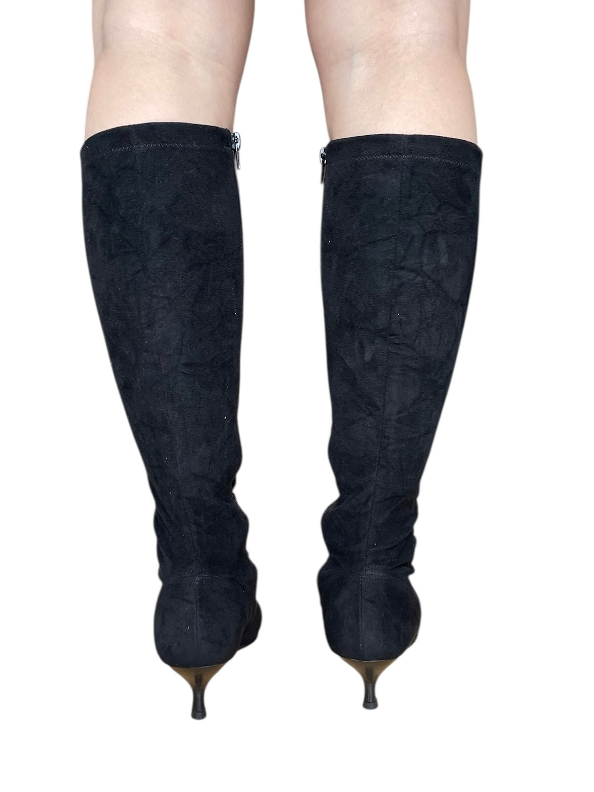 Bottes en daim noir mi-mollet à talon fin et bout pointu, taille 39