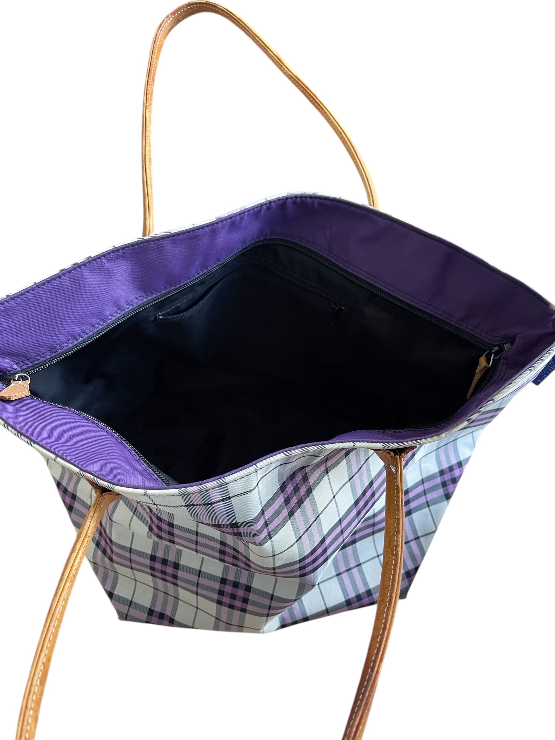 Cabas Burberry à carreaux rose et beige avec anses en cuir camel