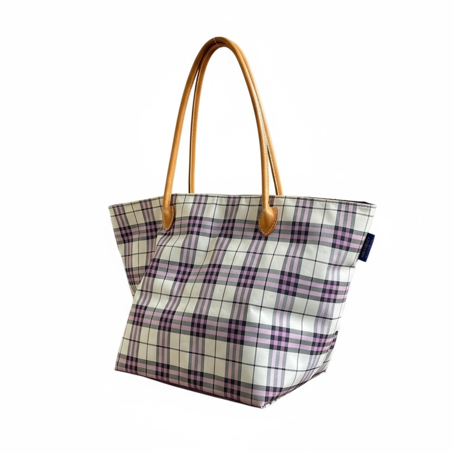 Cabas Burberry à carreaux rose et beige avec anses en cuir camel