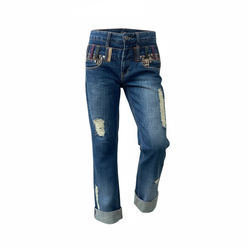 Jean 3/4 en denim bleu vieilli avec déchirures et passants de ceinture multicolores à motif cheetah.