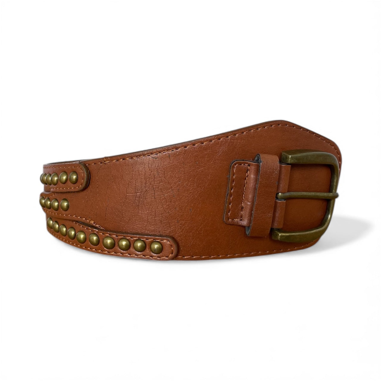 Ceinture en cuir camel New Yorker avec boucle dorée et rivets, longueur 95 cm