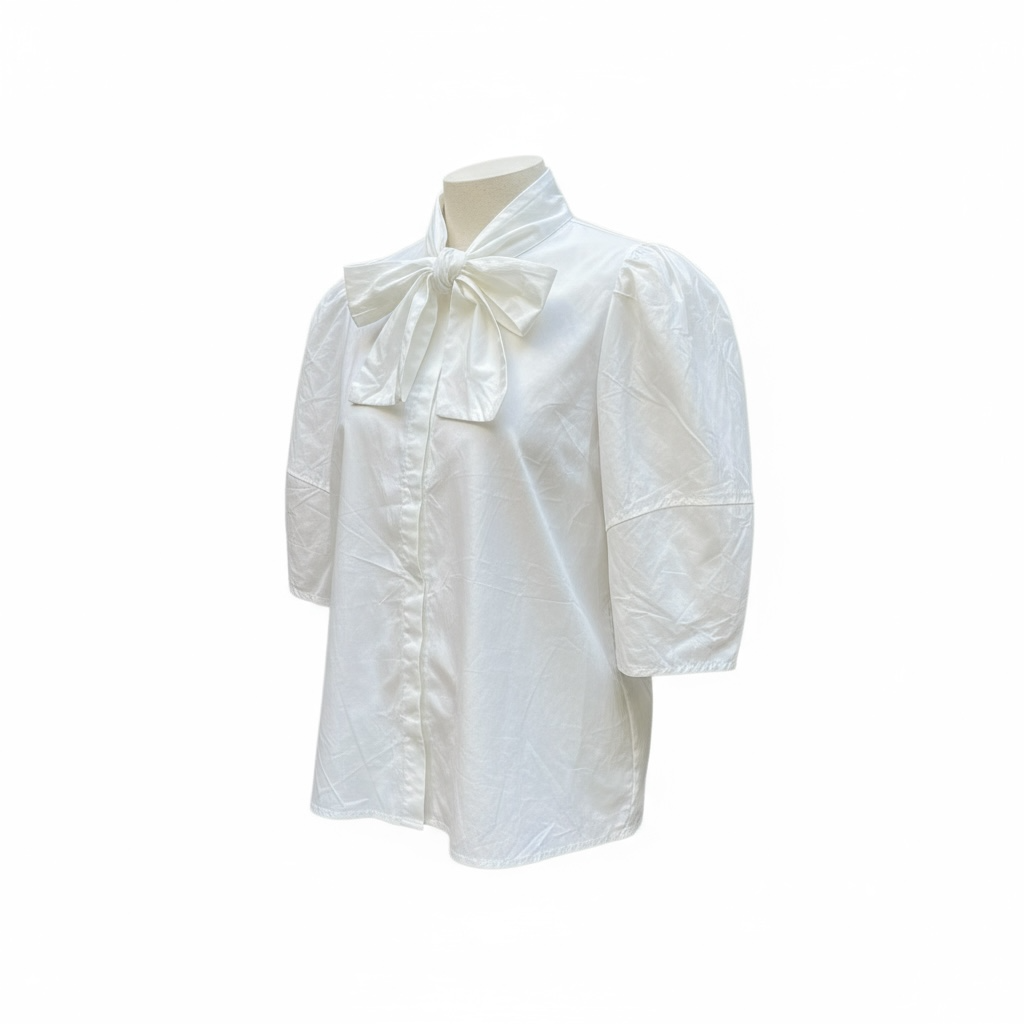 Chemise blanche FIFTH avec manches bouffantes et grand nœud lavallière au col, taille M