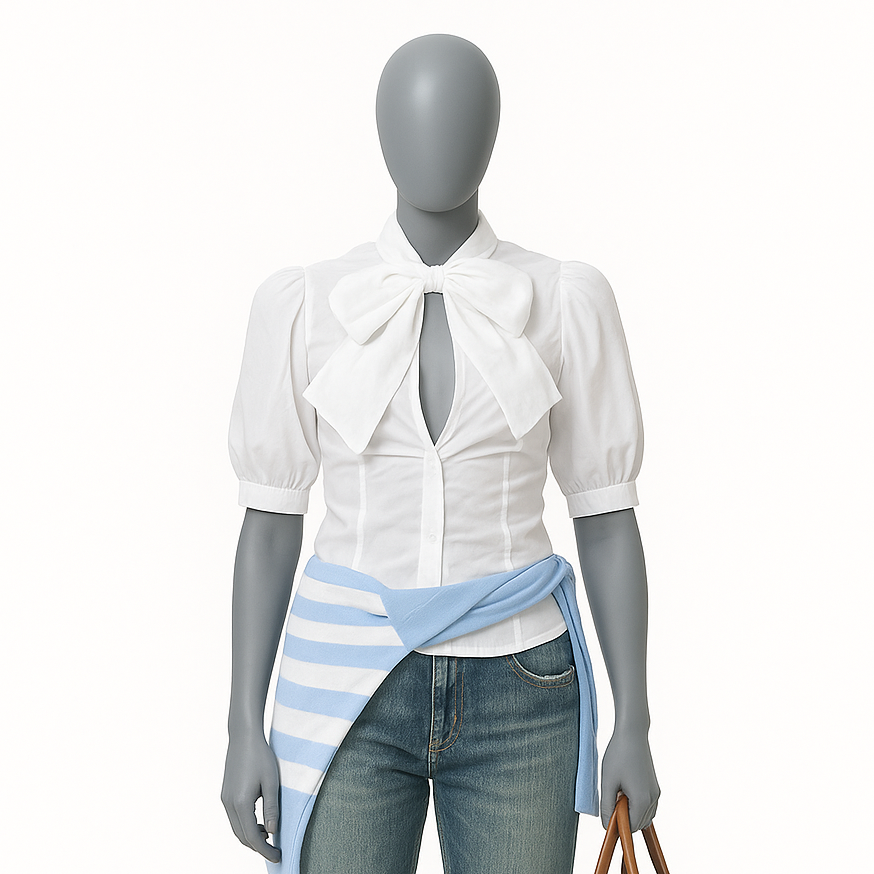 Chemise blanche FIFTH avec manches bouffantes et grand nœud lavallière au col, taille M