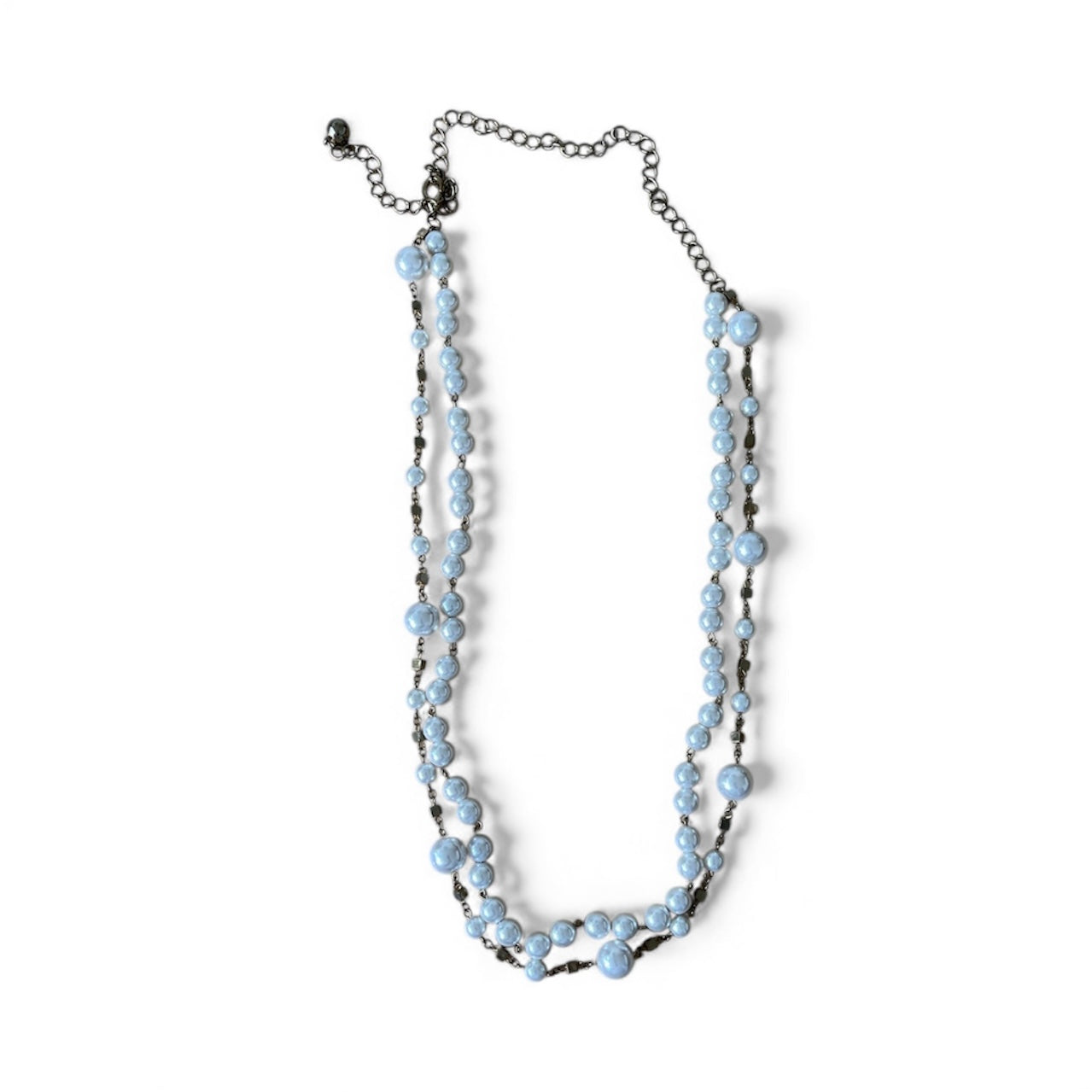 Collier double rang de perles bleu ciel avec chaîne argentée