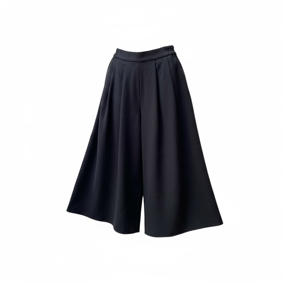 Pantalon large noir fluide type jupe-culotte avec taille élastique