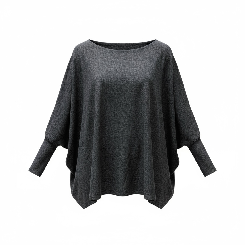 Pull gris anthracite MOGA en laine, manches chauve-souris, coupe fluide et encolure asymétrique, taille 38