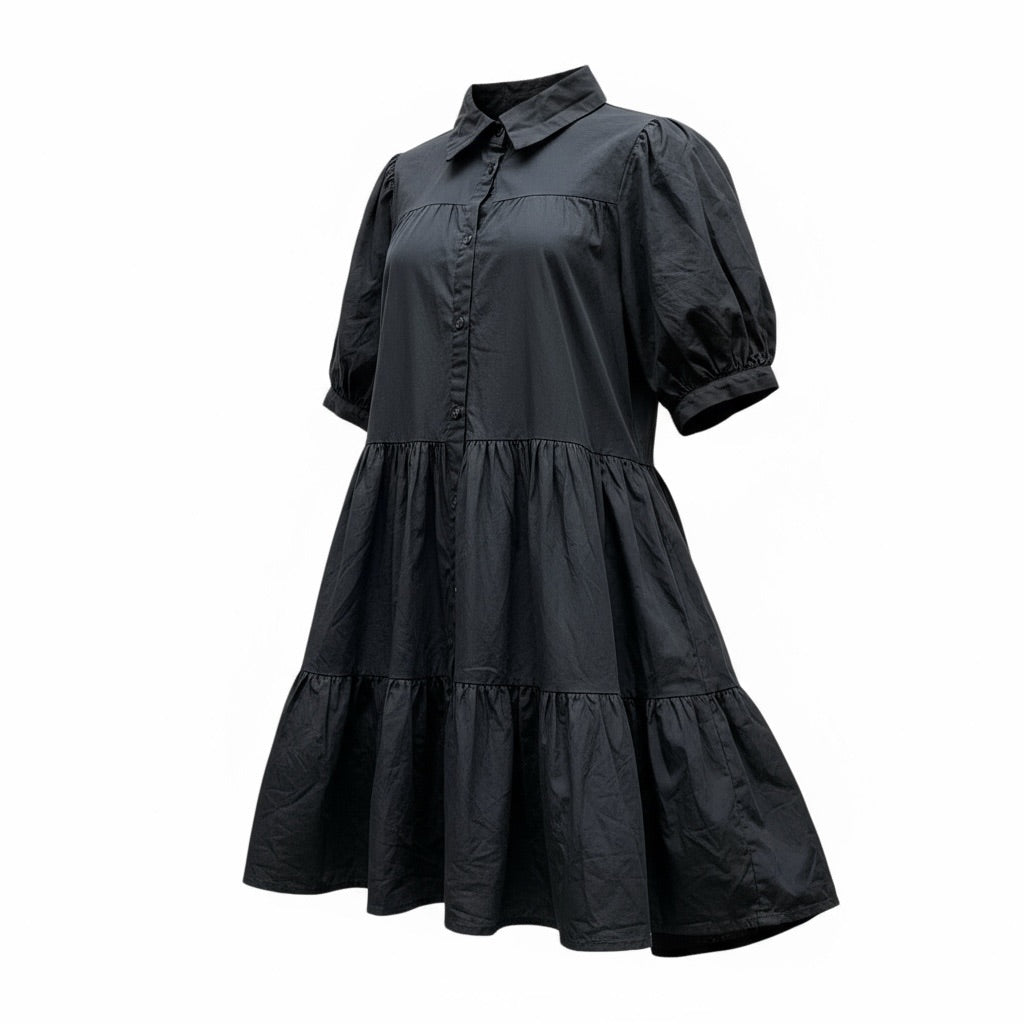 Robe tunique noire évasée GRL en coton, manches bouffantes et col chemise, taille M