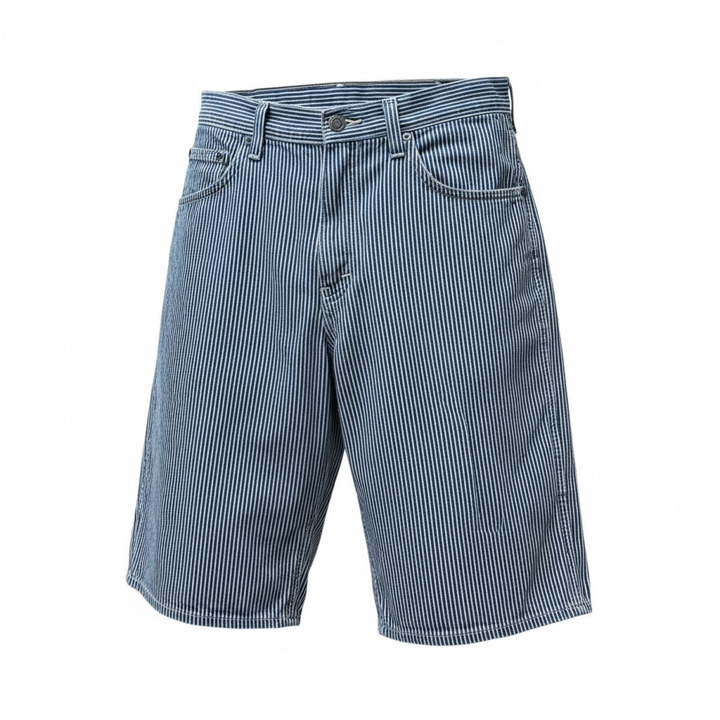 Short Dickies à rayures bleu et blanc, coupe loose fit en coton avec poches et passants de ceinture.