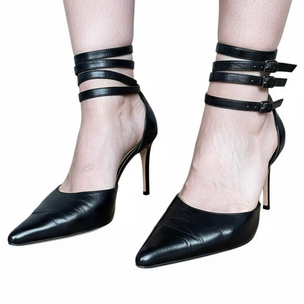 Escarpins noirs en cuir à bout pointu et brides multiples autour de la cheville, marque ELITE, taille 39