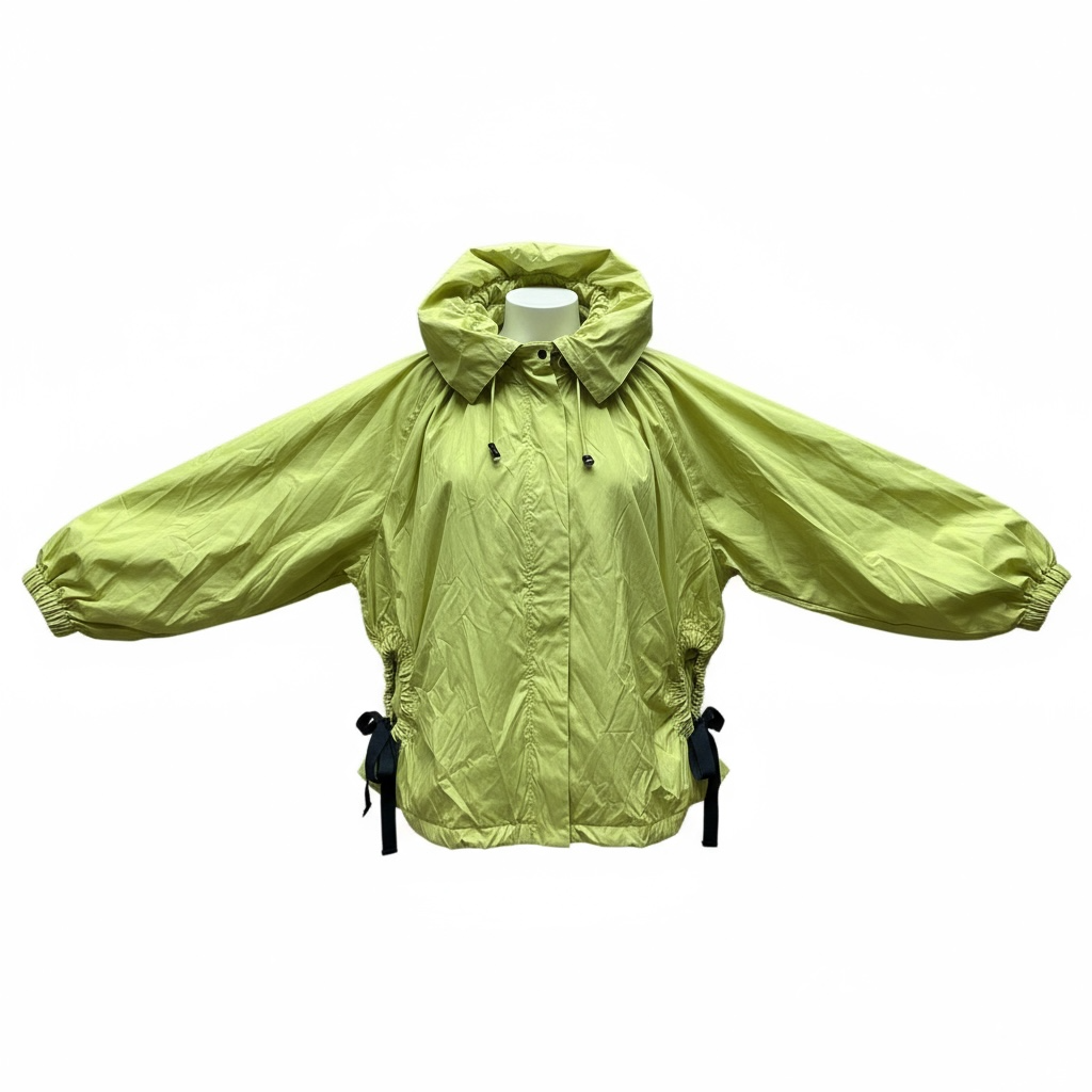 Veste coupe-vent vert anis légère avec col montant, manches longues et cordons noirs pour resserrer la taille.