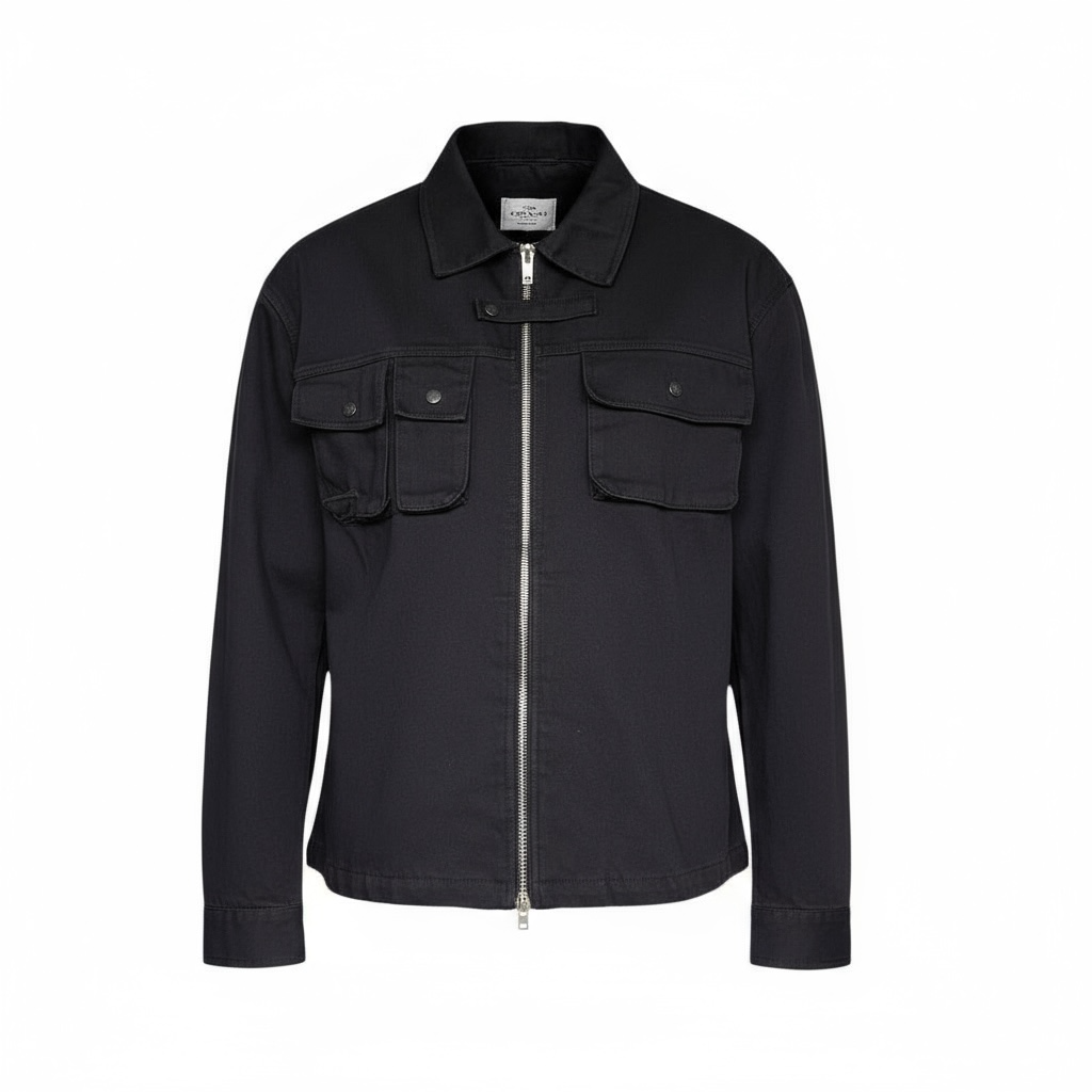 Veste CHAMP en denim noir, fermeture zippée double sens, poches à rabats, fabriquée en Corée, taille M