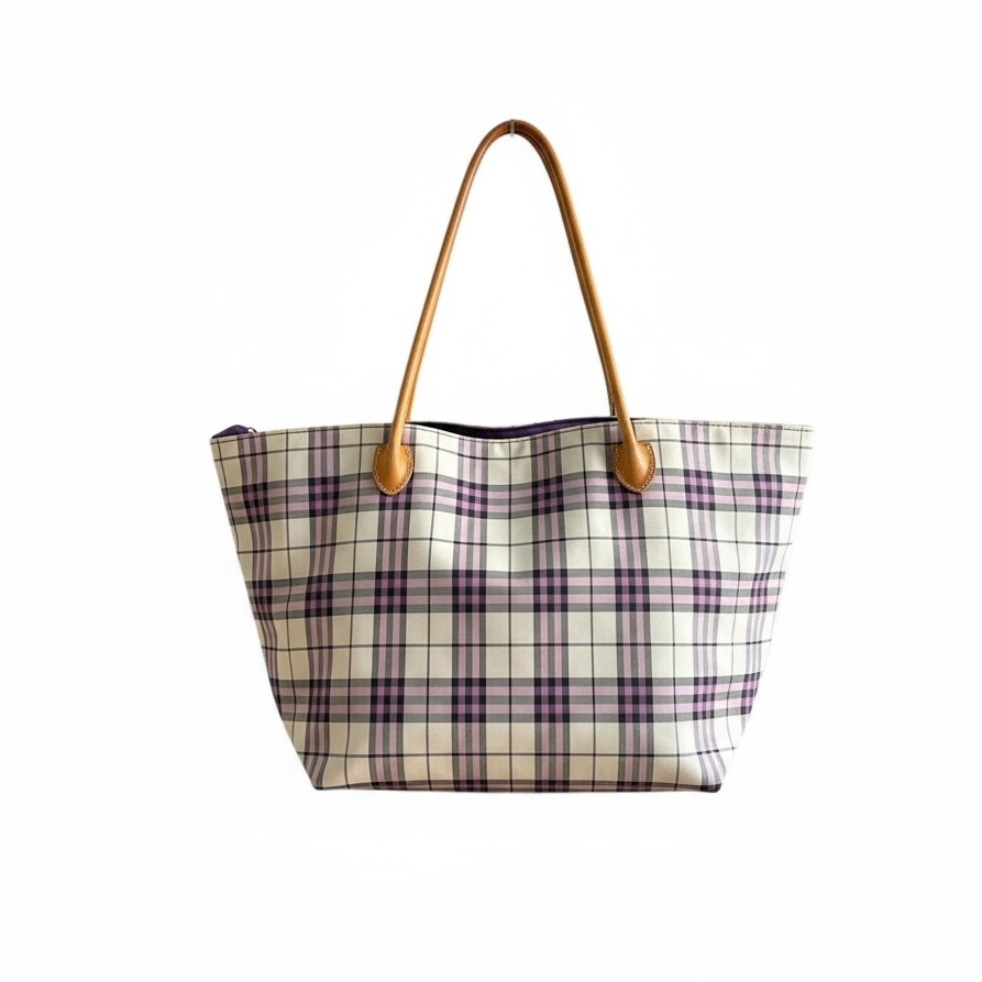 Cabas Burberry à carreaux rose et beige avec anses en cuir camel