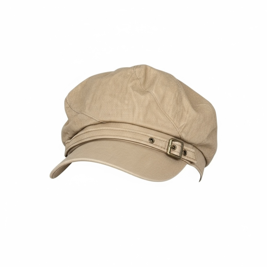 Casquette gavroche beige en coton avec boucle métallique décorative et visière courte.