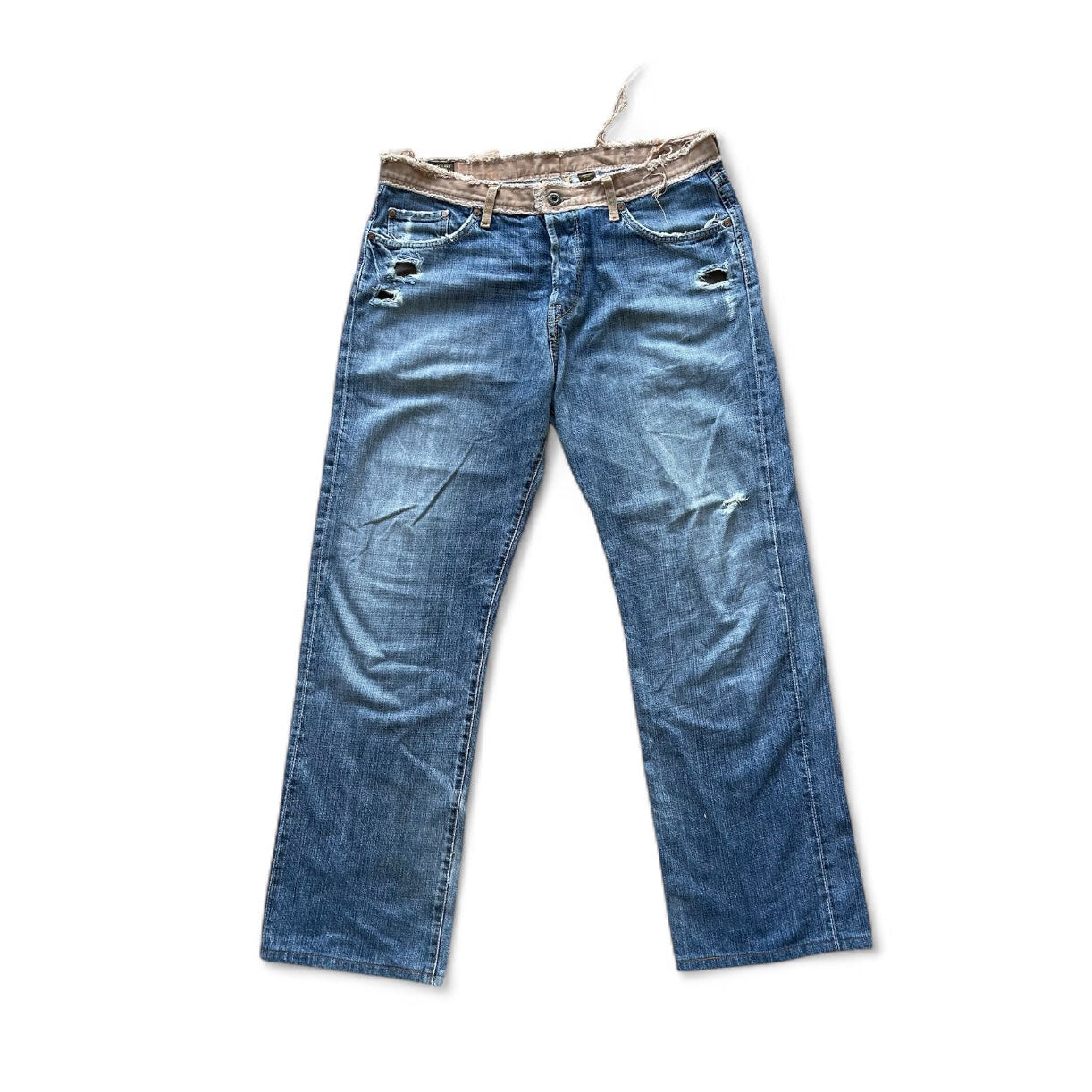 Jean Timberland vintage bleu droit avec effet usé et ceinture effilée
