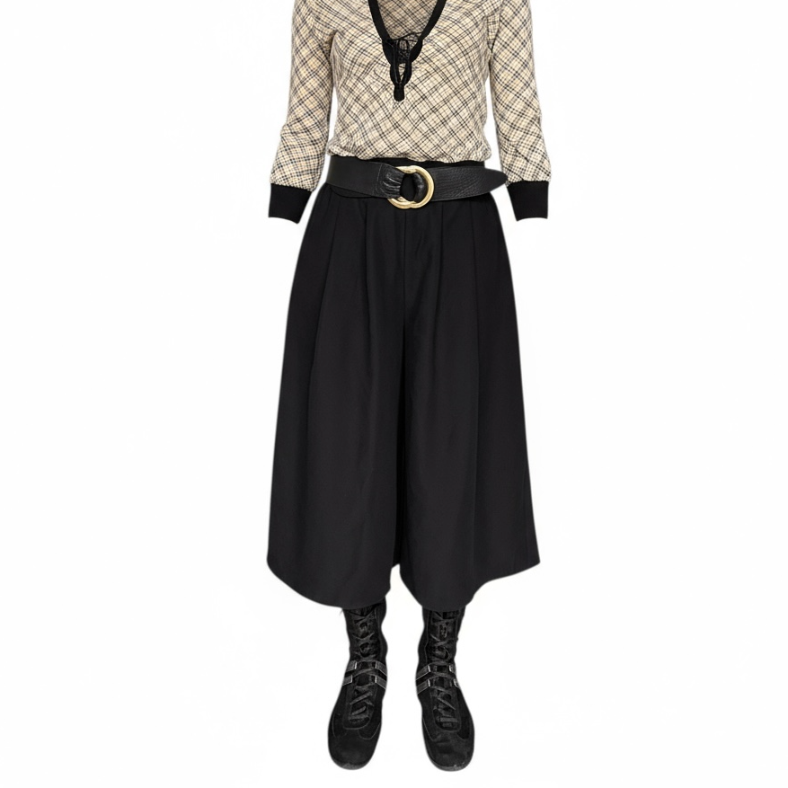 Pantalon large noir fluide type jupe-culotte avec taille élastique