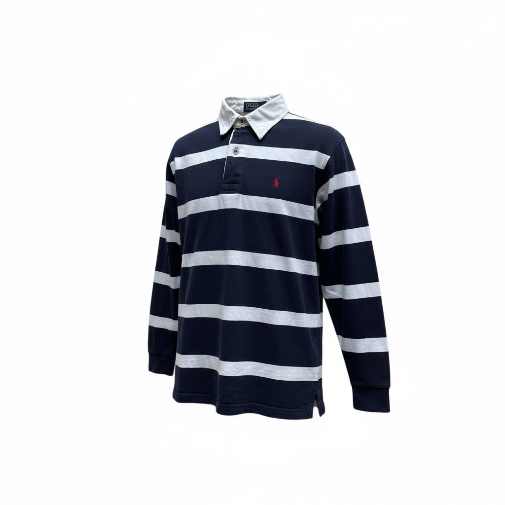 Polo rugby Ralph Lauren à rayures bleu marine et blanches, col blanc et logo brodé rouge, taille M