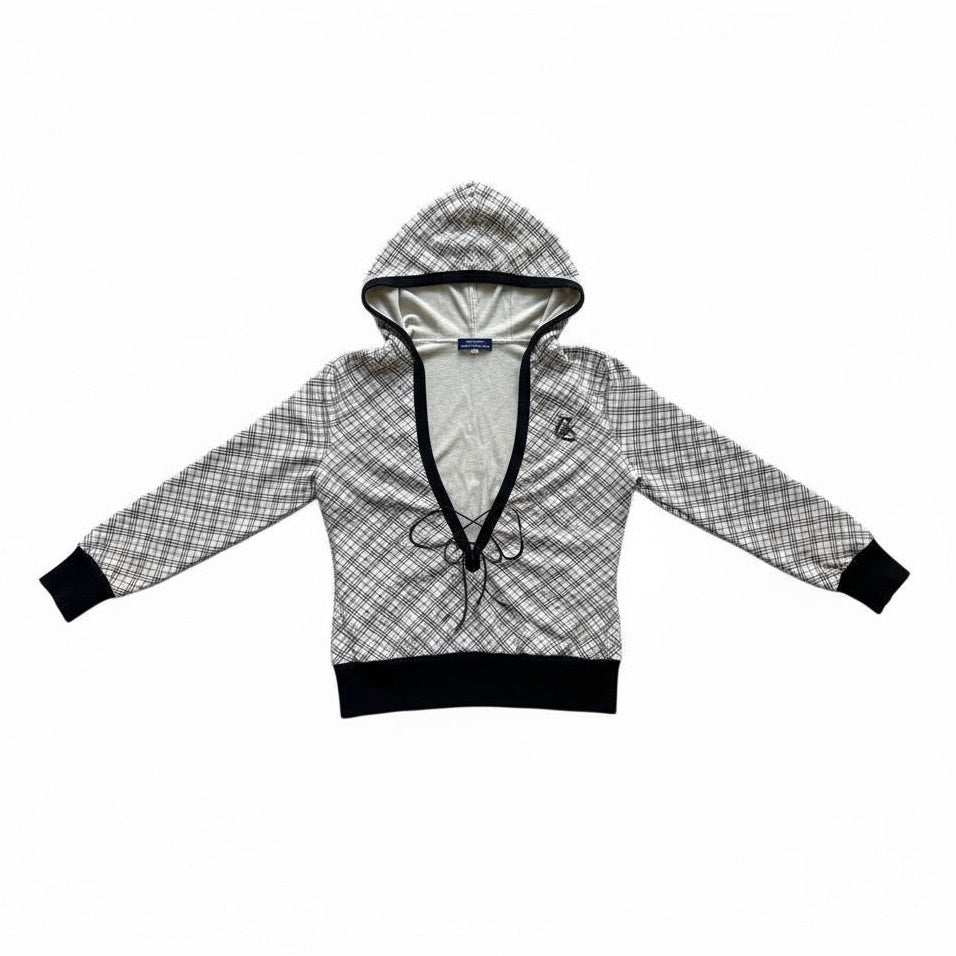 Pull tartan beige Burberry Blue Label avec capuche et décolleté lacé, logo bordeaux, taille 38