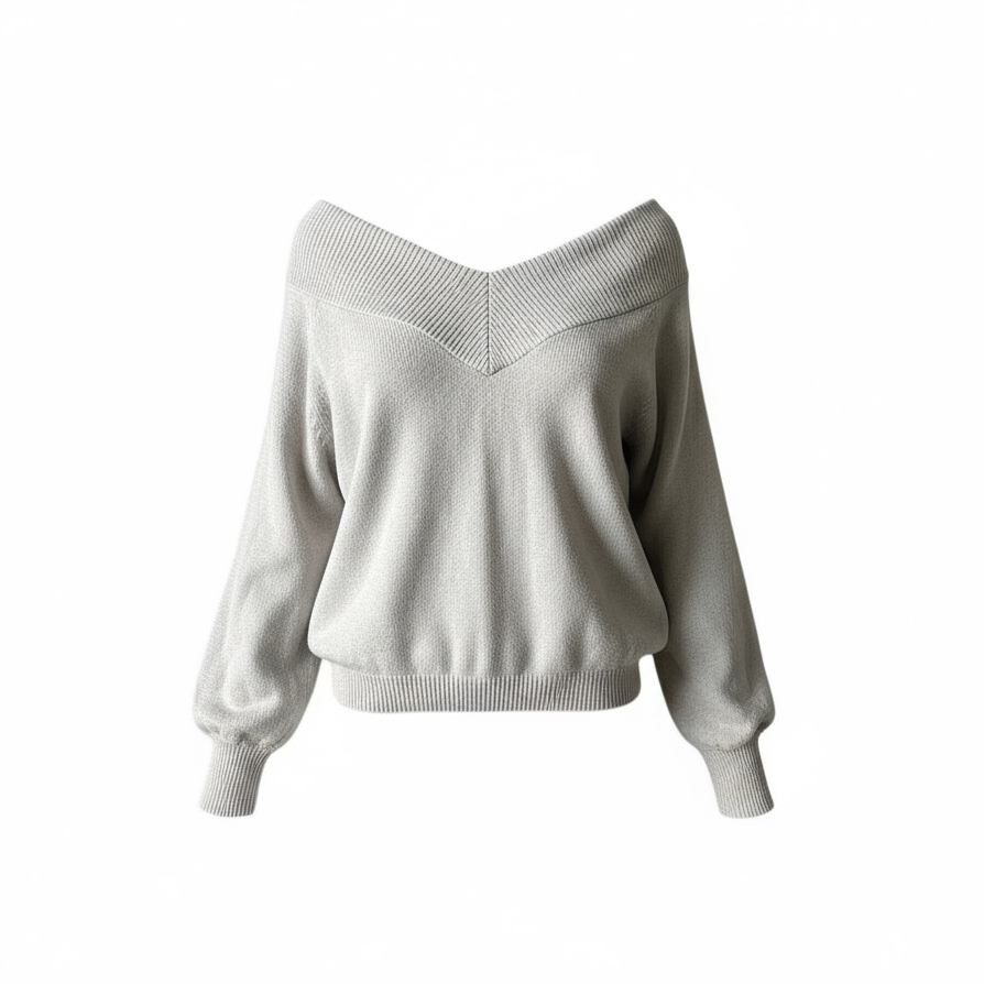 Pull beige à col V large Jacqueline de Yong, manches longues bouffantes et maille douce fluide.