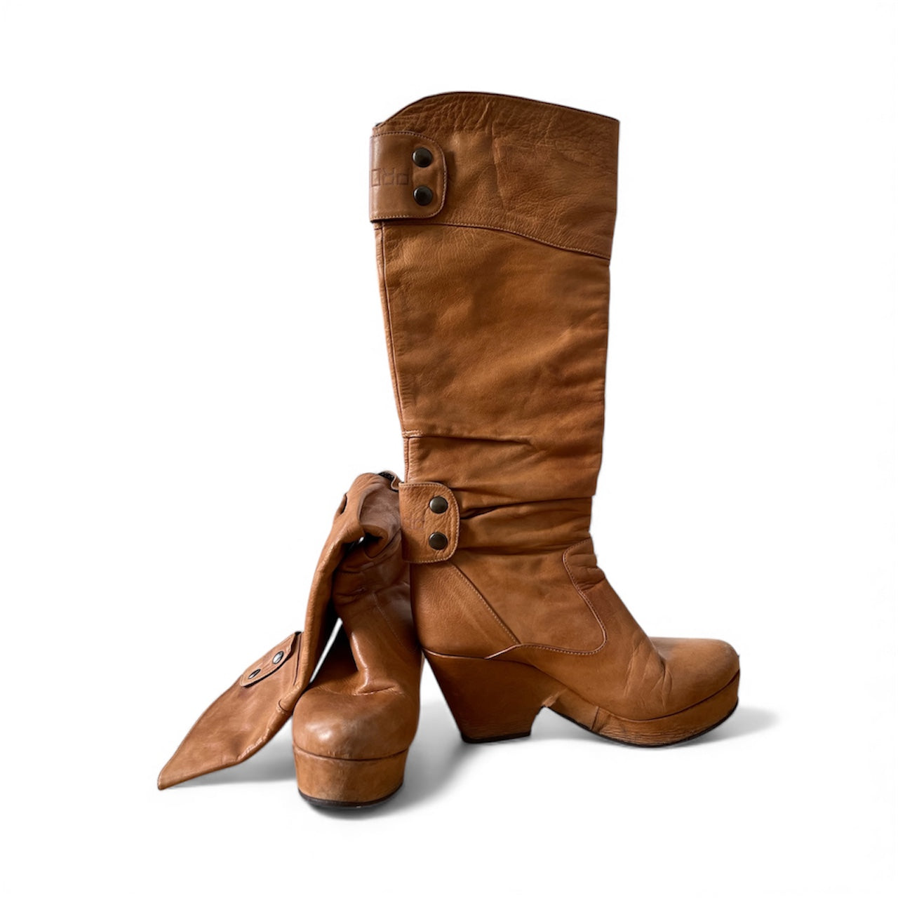 Bottes en cuir camel PROF à talon compensé et tige plissée, taille 38,5 pour pieds fins