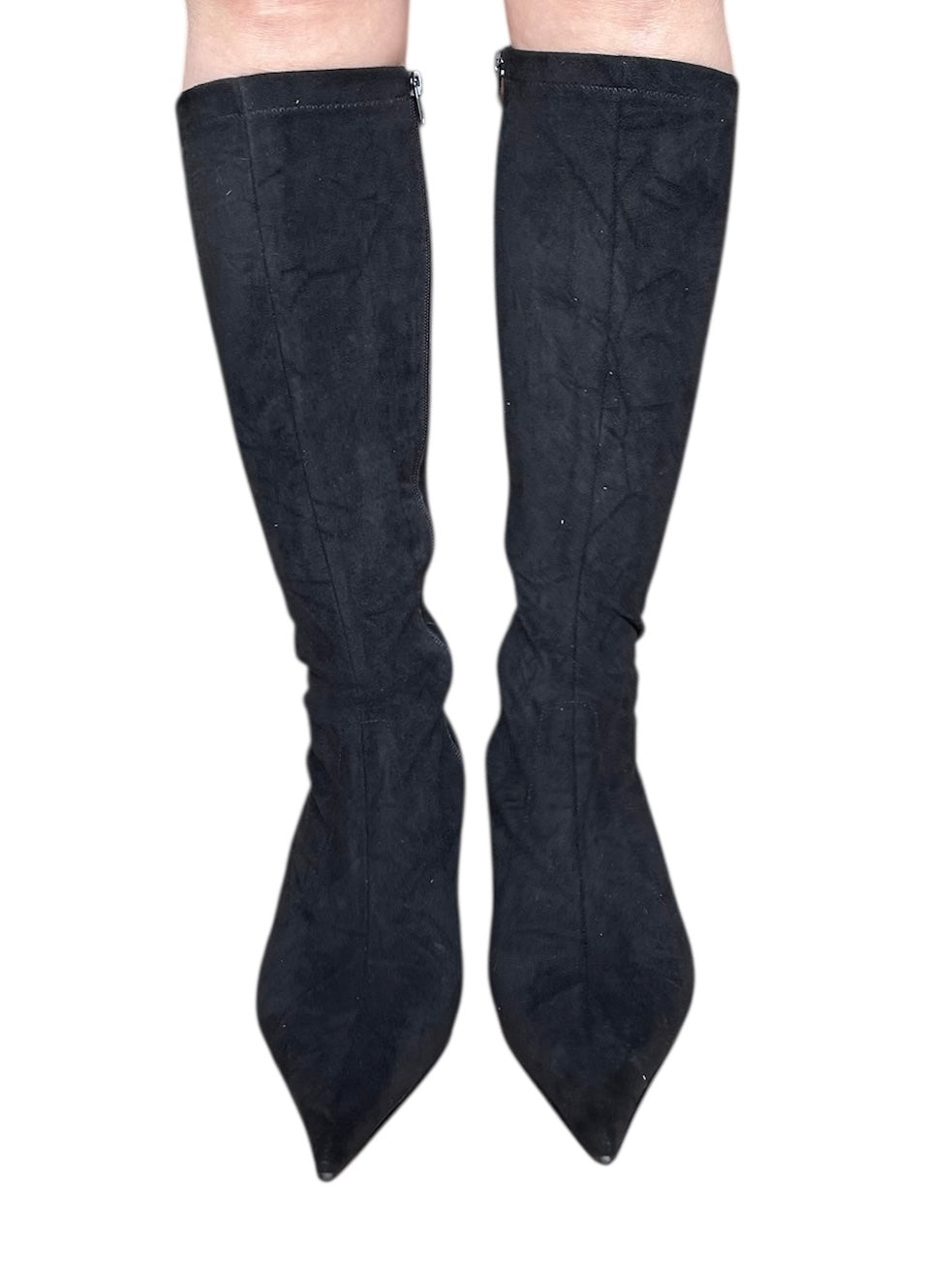 Bottes en daim noir mi-mollet à talon fin et bout pointu, taille 39