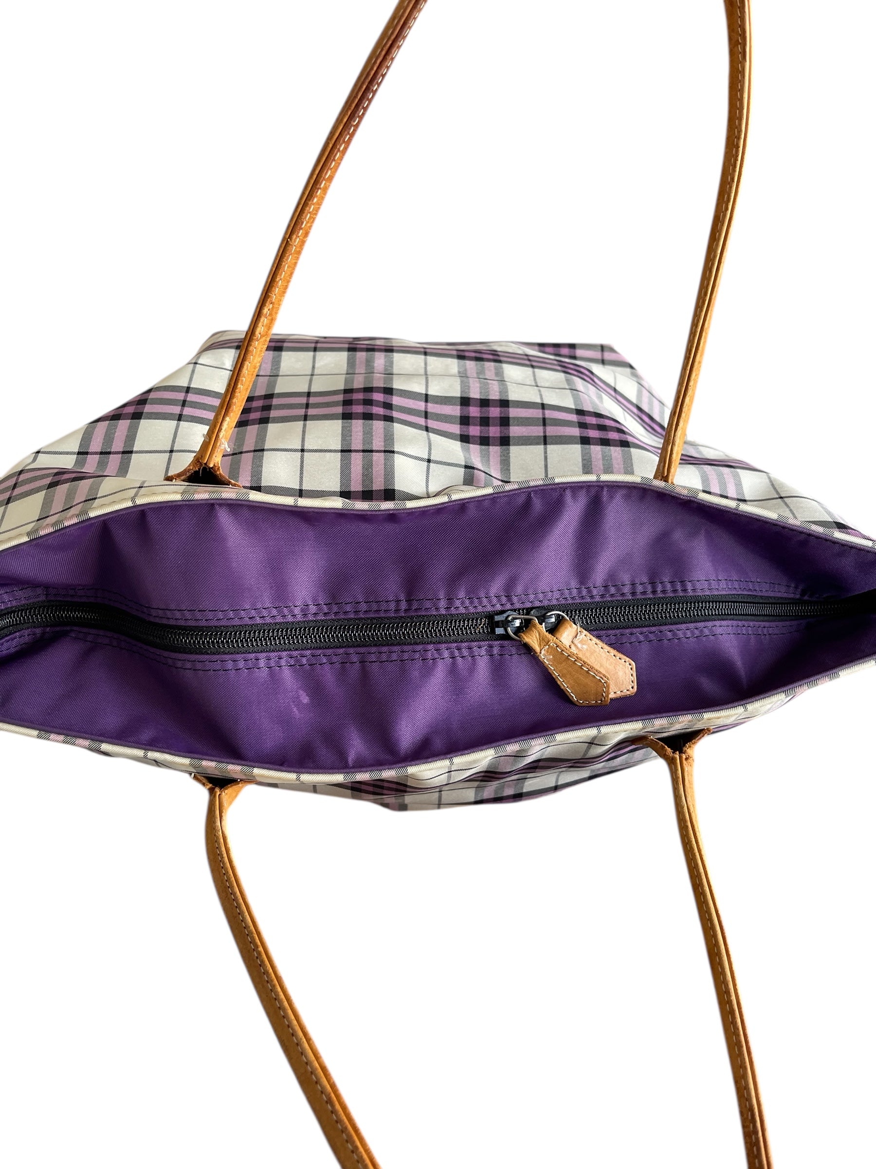 Cabas Burberry à carreaux rose et beige avec anses en cuir camel