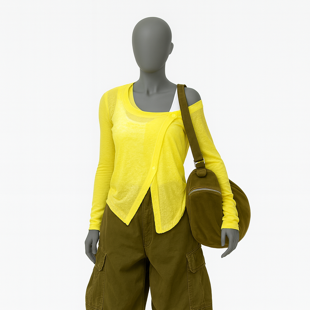 Cardigan jaune léger à coupe asymétrique avec boutons sur le devant, en maille fine fluide.