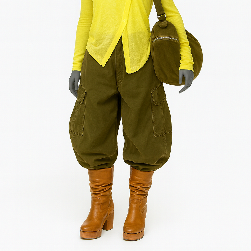 Pantalon cargo kaki GU à poches latérales et cordons de serrage, coupe ample