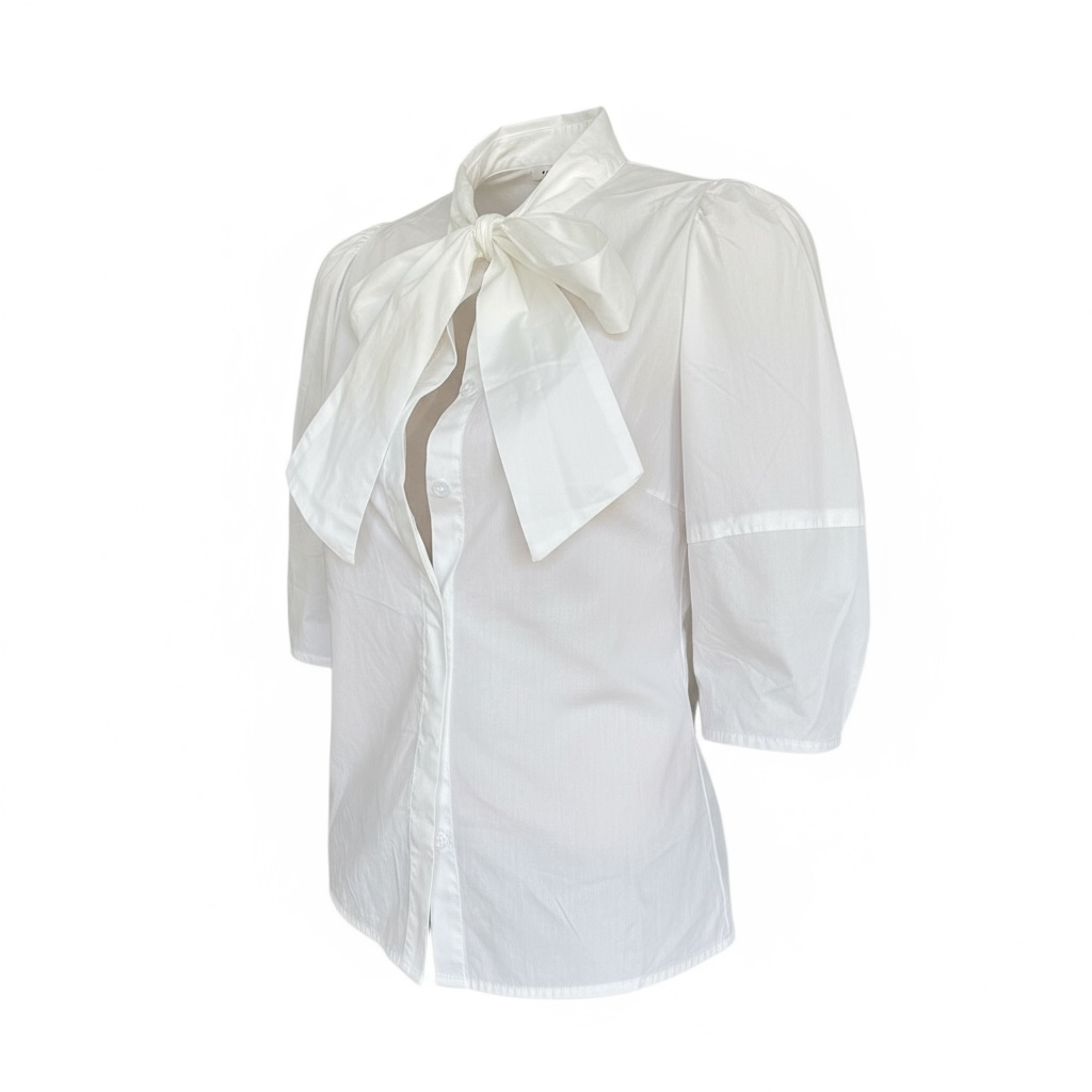 Chemise blanche FIFTH avec manches bouffantes et grand nœud lavallière au col, taille M