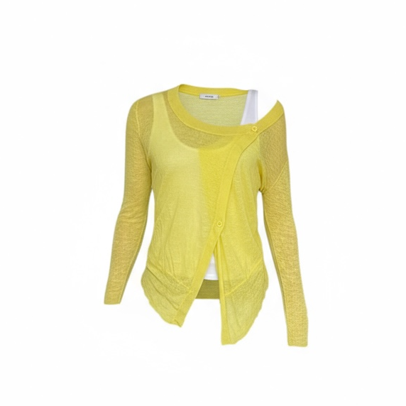 Cardigan jaune léger à coupe asymétrique avec boutons sur le devant, en maille fine fluide.