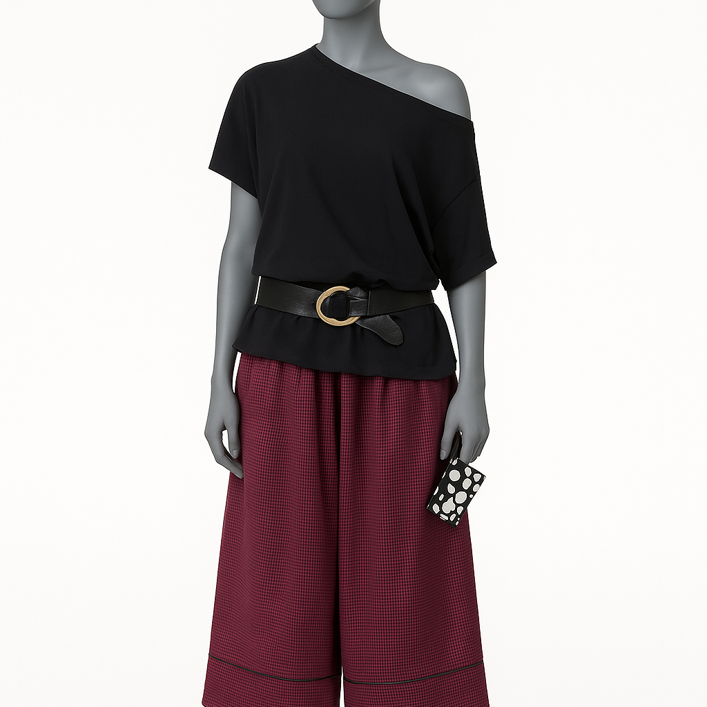 Top tunique noir ample Classical Elf en coton, épaules dénudées et manches courtes, taille XL