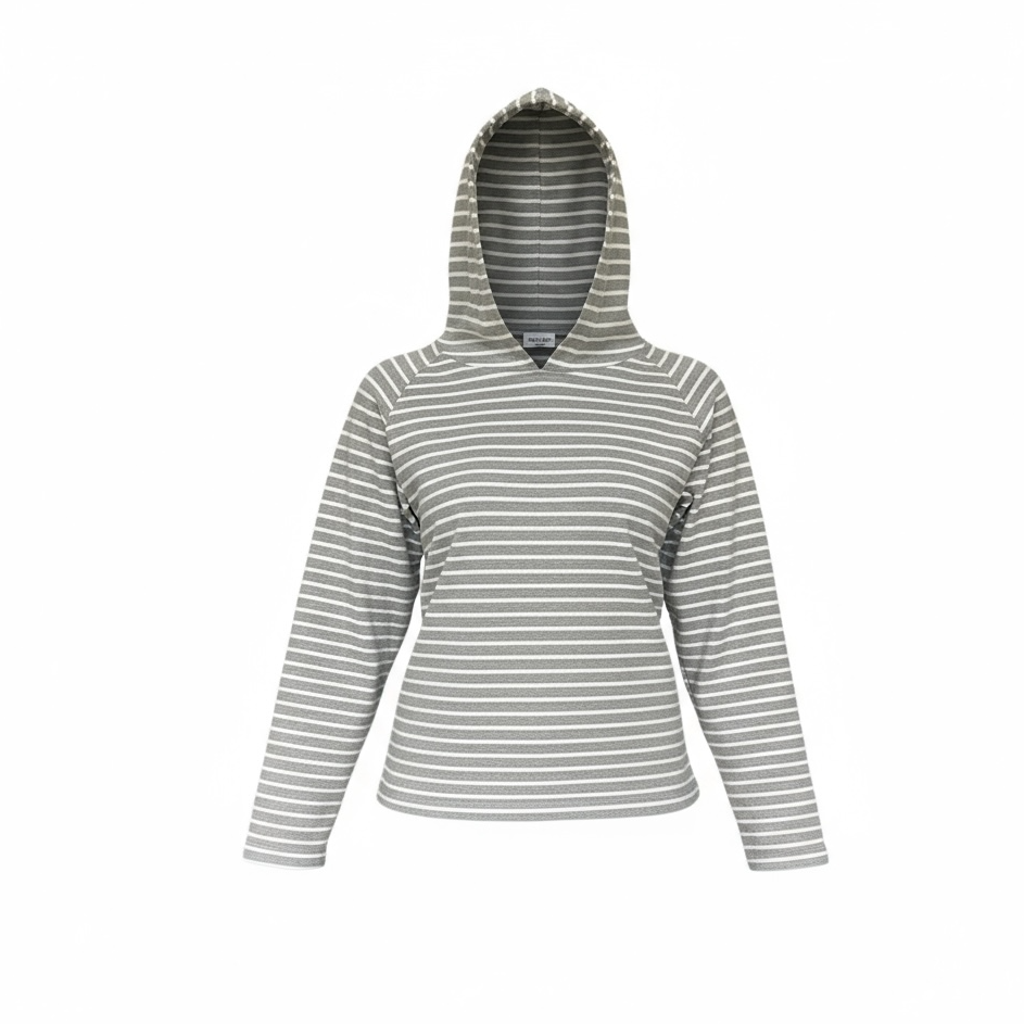 Pull à capuche gris et blanc à rayures horizontales, coupe droite, fabriqué au Japon.