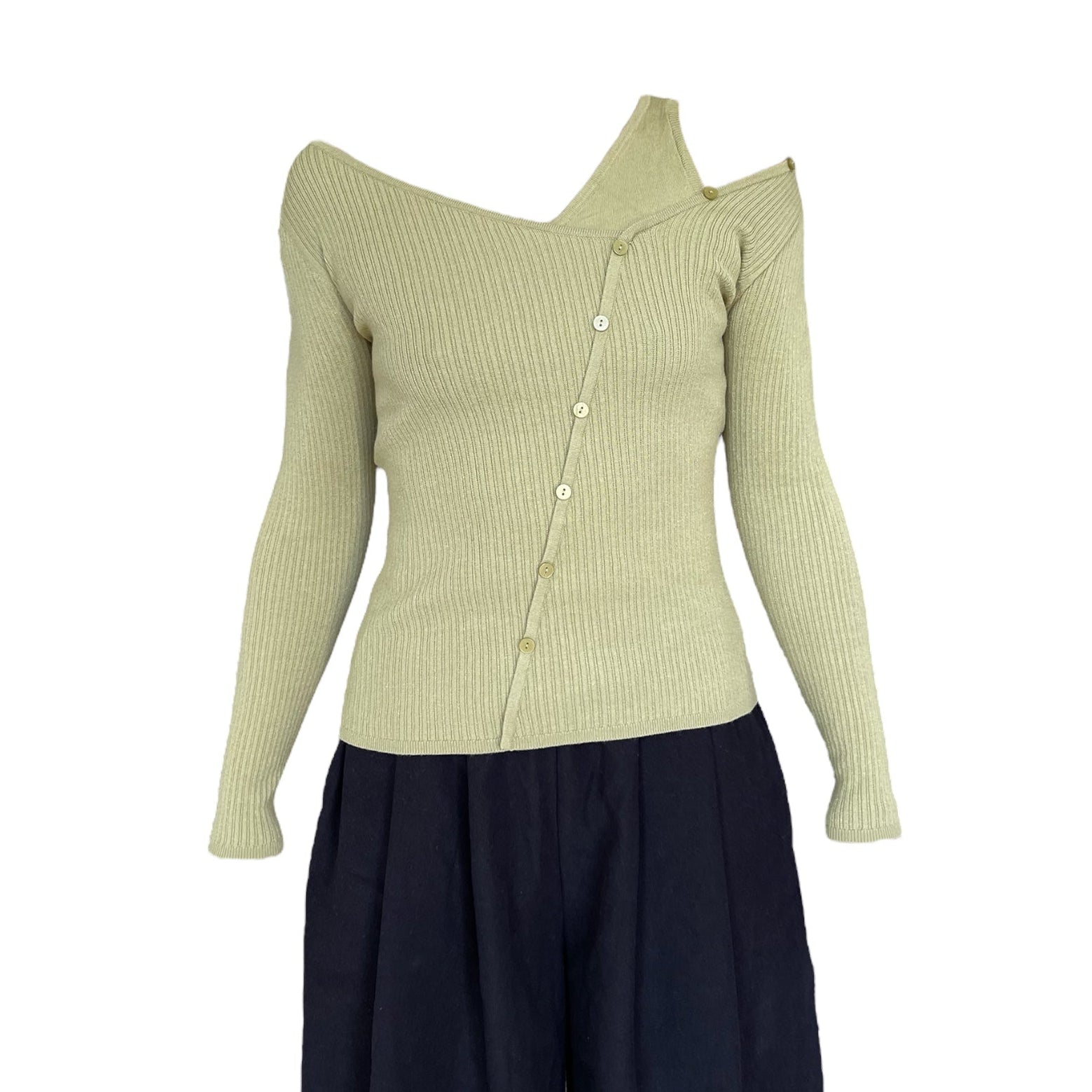 Pull vert olive à boutons asymétriques avec débardeur intégré, coupe ajustée en maille côtelée