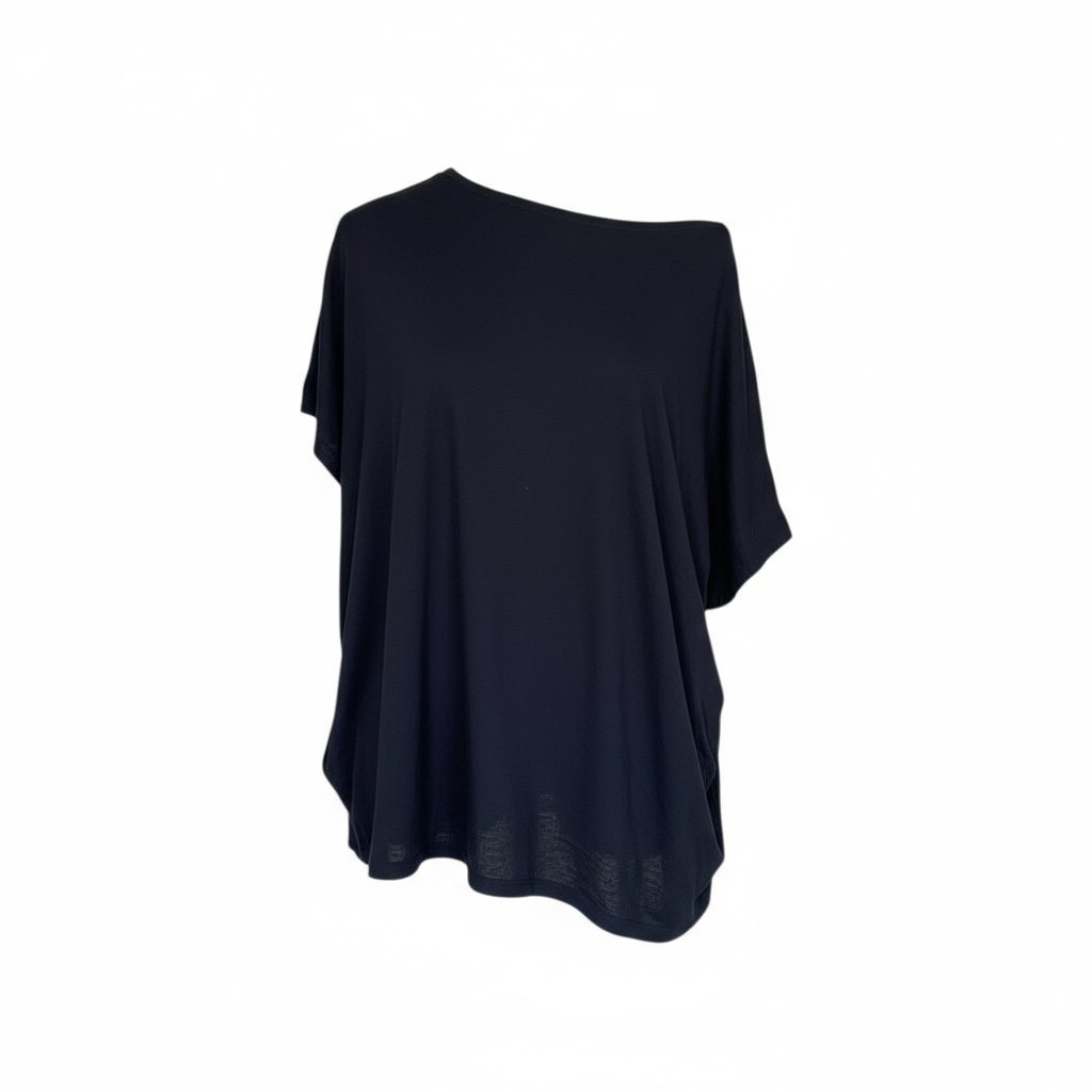 Top tunique noir ample Classical Elf en coton, épaules dénudées et manches courtes, taille XL