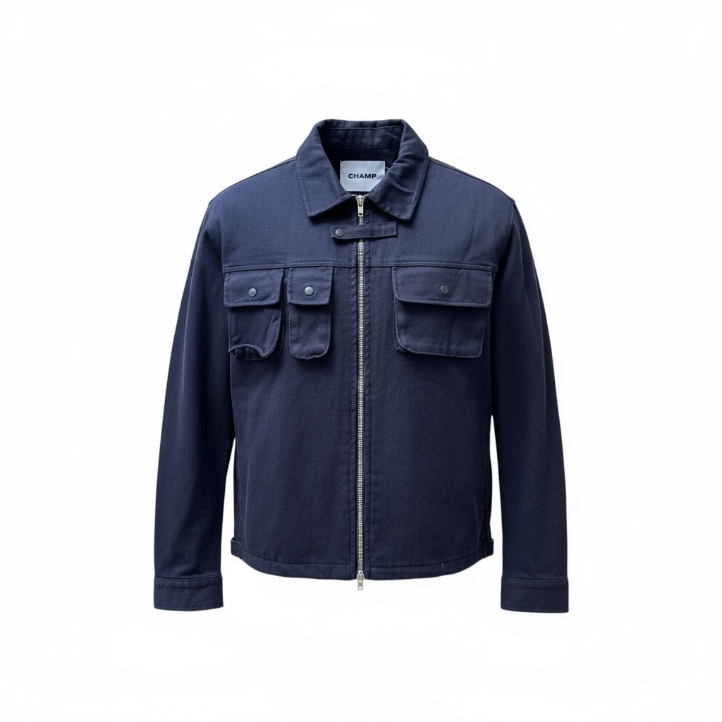 Veste CHAMP en denim noir, fermeture zippée double sens, poches à rabats, fabriquée en Corée, taille M